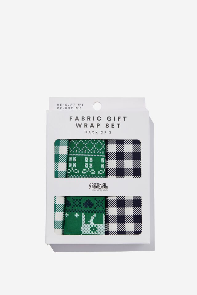 Foundation Adults Fabric Gift Wrap Set, REINDEER FAIRISLE GREEN