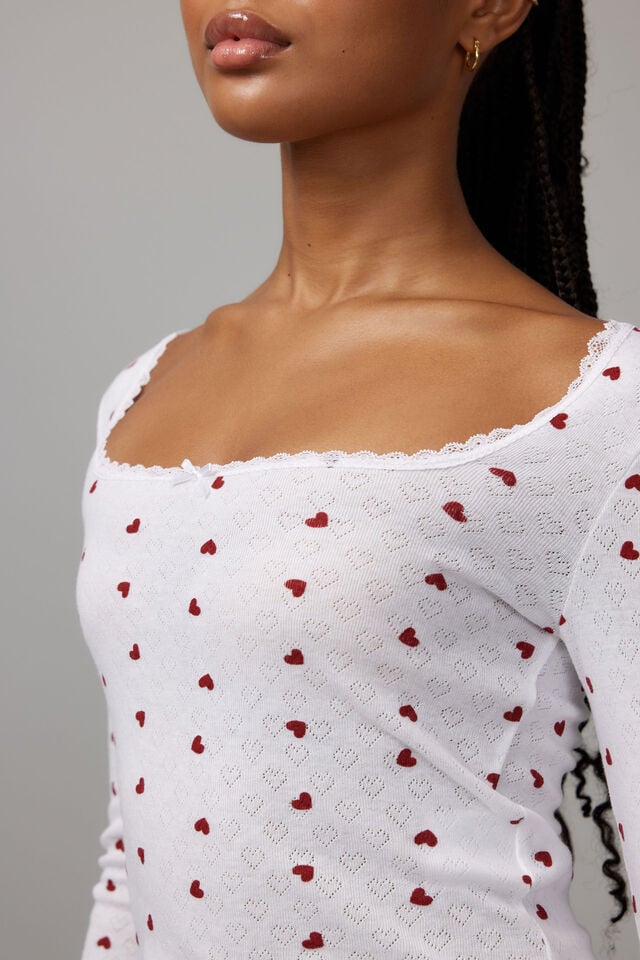Amy Pointelle Long Sleeve, WHITE/HEARTS
