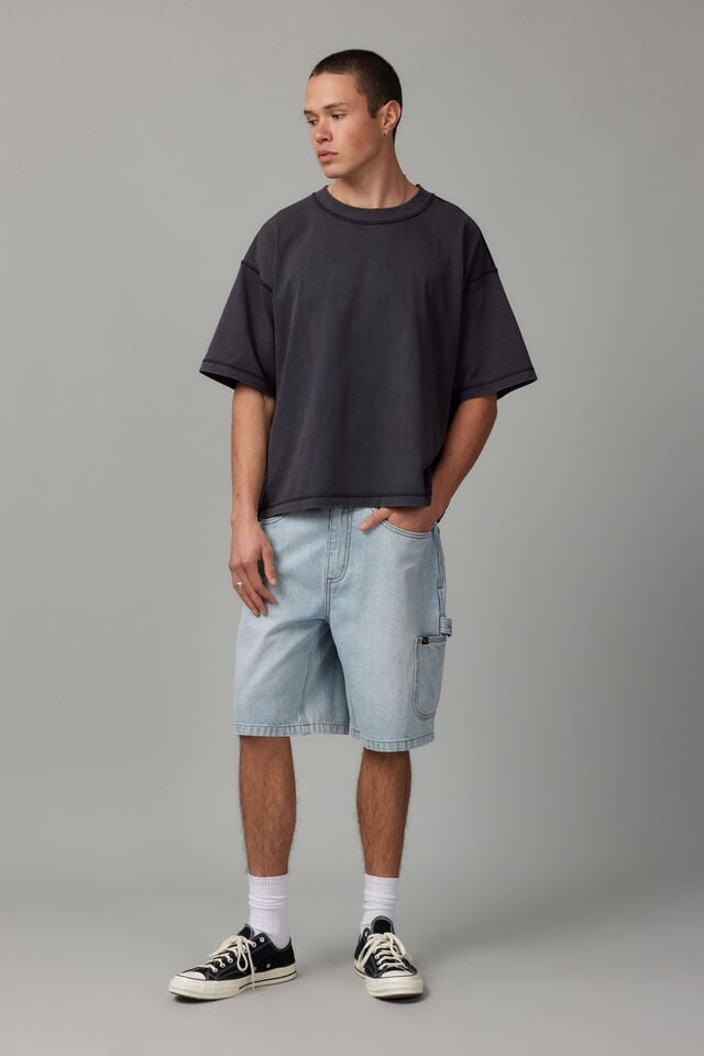 Half Half Painter Baggy Denim Short, DAY BLUE