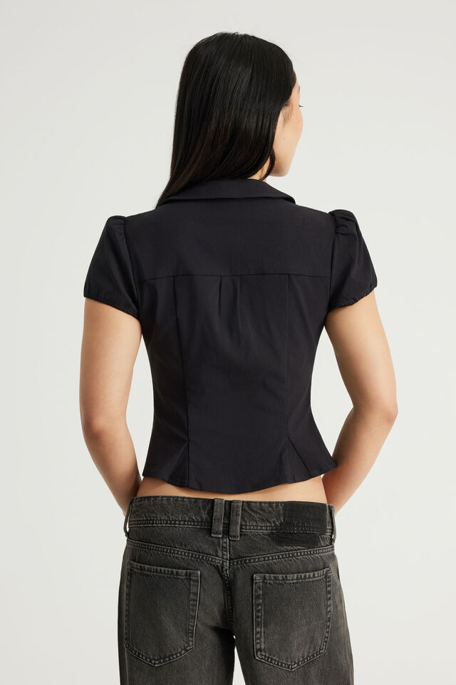 Puff Sleeve Button Up Shirt, BLACK