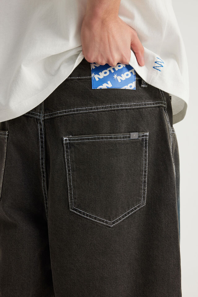 Notion Relaxed Baggy Denim Short, MUDDY BLACK/BLUE SPRAY