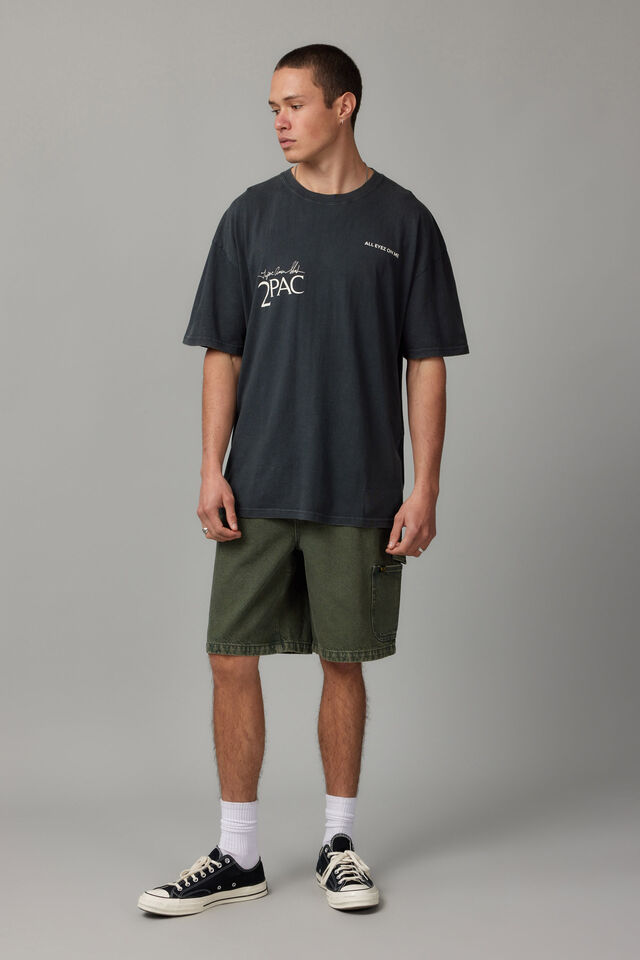 Oversized Music Merch T Shirt, LCN BRA WASHED SLATE/TUPAC LOFI