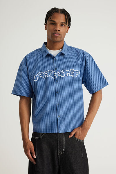 Half Half Boxy Cropped Short Sleeve Shirt, HH BLUE CHECK/GLOOP APPLIQUE