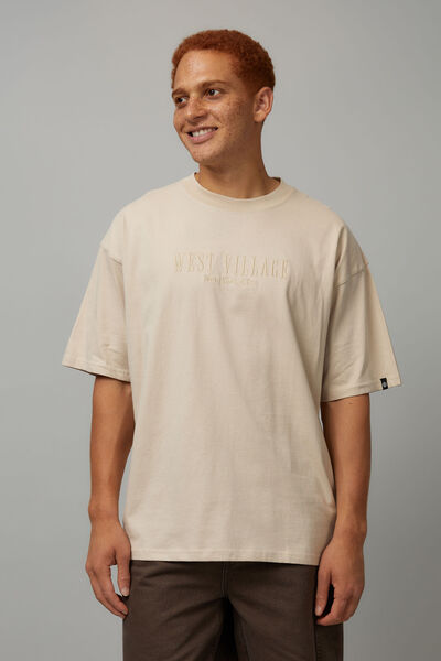 Half Half Box Fit Graphic T Shirt, BEIGE/WEST VILLAGE