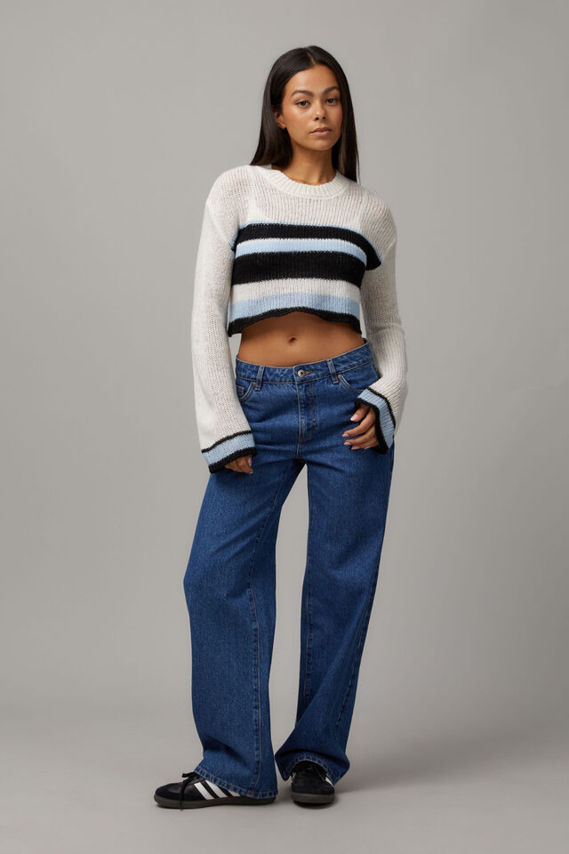 Kelsey Knitted Crop Stripe Jumper, BLUE STRIPE MULTI