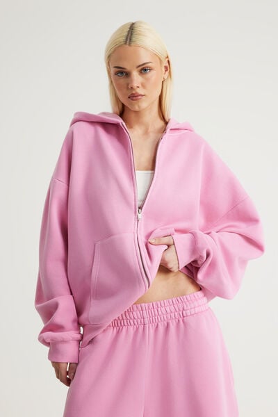Authentics Oversized Zip Thru Hoodie, WASHED POP PINK