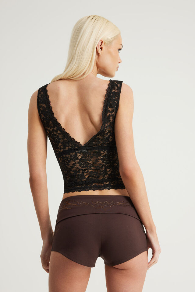 Lace V Neck Tank, BLACK