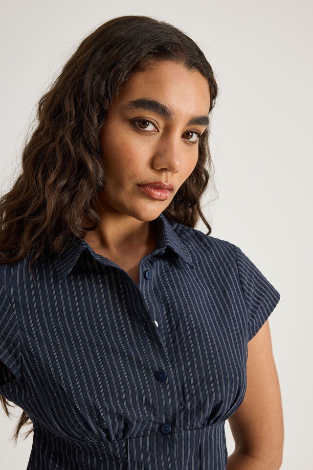 Short Sleeve Fitted Shirt, NAVY PINSTRIPE