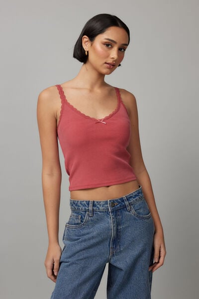 Lace Trim V Neck Tank, WASHED SCOOTER