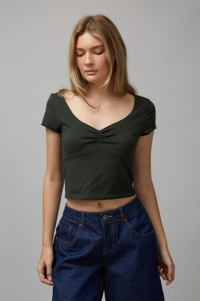 Gathered Front V- Neck Tee, COLLEGE GREEN