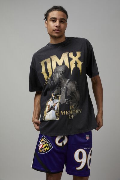 Oversized Music Merch T Shirt, LCN MT WASHED BLACK/DMX GOLD