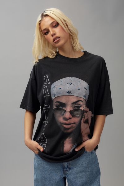 Music Merch Oversized Graphic Tee, LCN MT AALIYAH SIGNED / WASHED BLACK