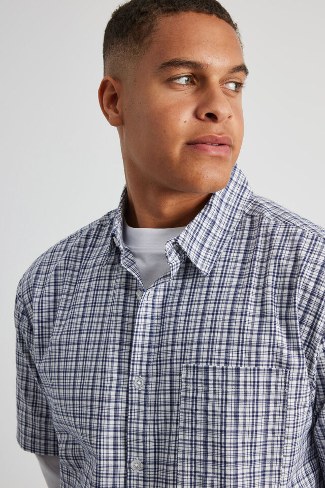 Short Sleeve Shirt, WHITE/NAVY CHECK