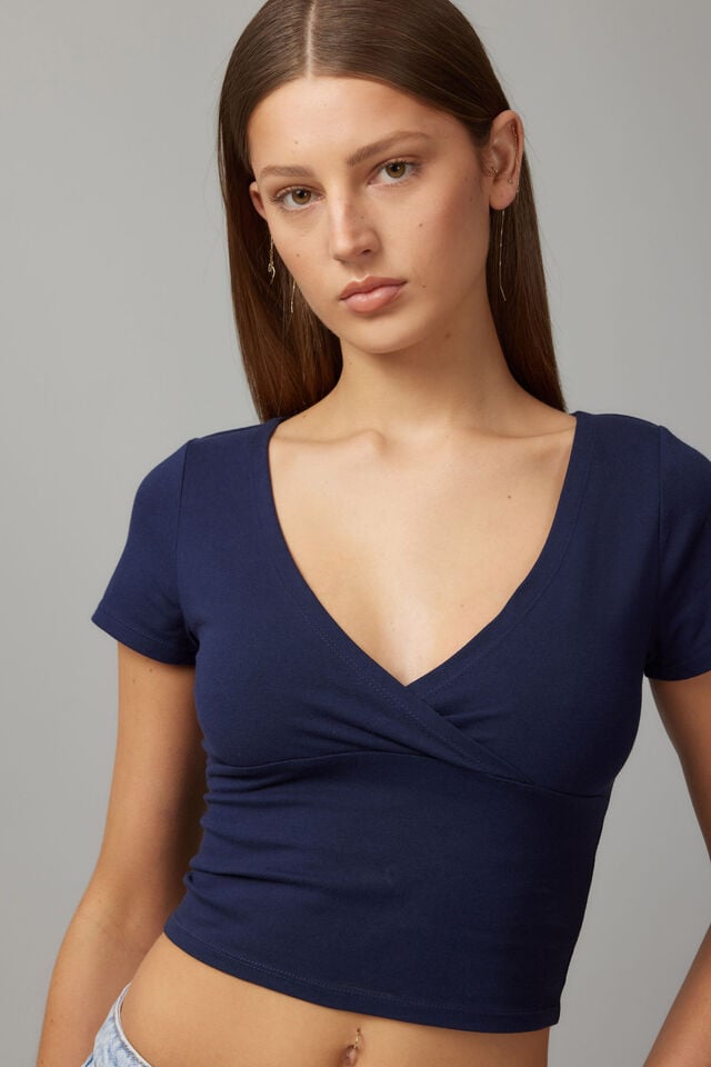 Estelle Short Sleeve Wrap Top, NAVY BLAZER