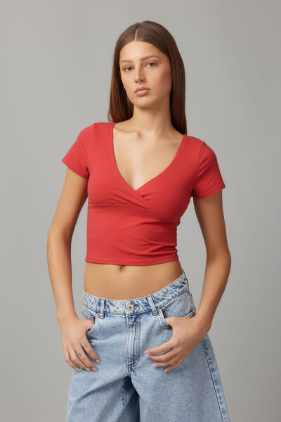 Estelle Short Sleeve Wrap Top, RANCH RED