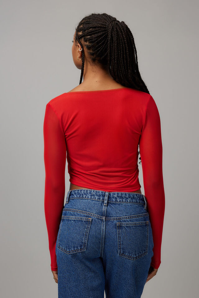 Ally Mesh Square Neck Long Sleeve, SCARLET RED