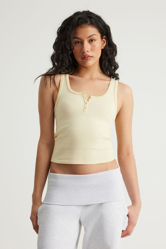 Henley Scoop Neck Tank, LEMON BUTTER