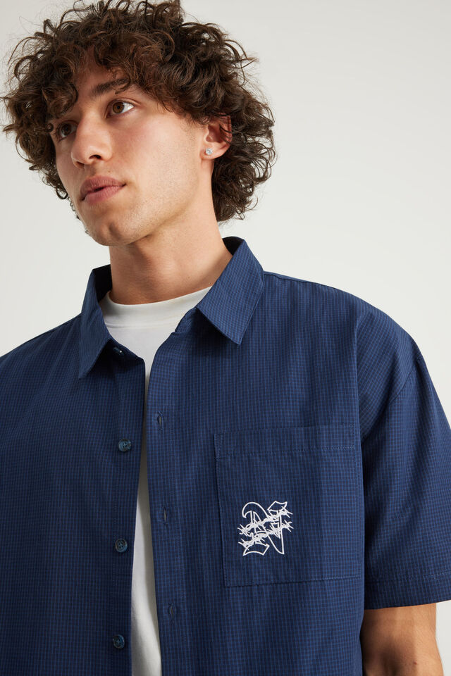 Notion Boxy Cropped Short Sleeve Shirt, NOTION BLUE CHECK/BACK SCRIPT & POCKET