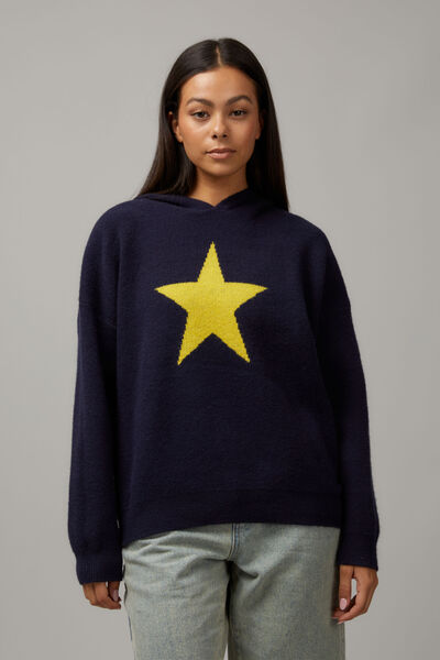 Star Knit Hoodie, NAVY/YELLOW STAR