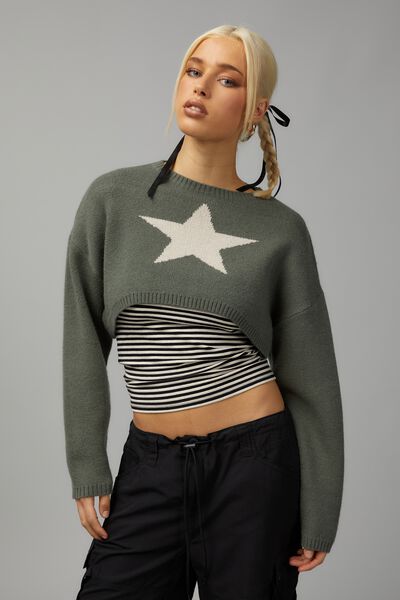 Crop Jacquard Knit, FOREST GREEN/LIGHT STONE