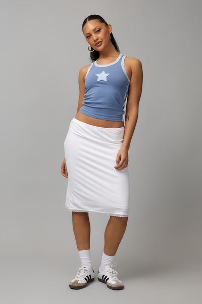 Midi Lace Slip Skirt, WHITE