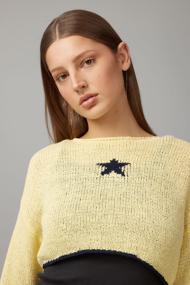 Open Knit Crop Jacquard Jumper, YELLOW/STAR