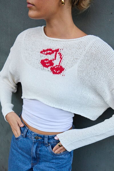 Open Knit Crop Jacquard Jumper, WHITE/CHERRY