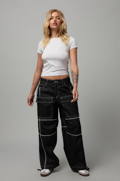 Hype Front Pocket Jean, WASHED BLACK/WHITE PIPING