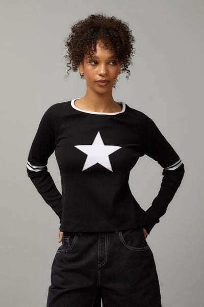 Long Sleeve Graphic Stripe Top, BLACK/STAR