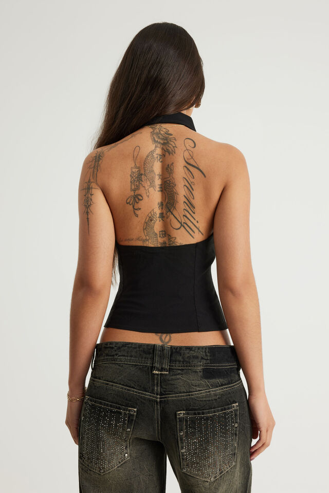 Open Back Halter Shirt, BLACK