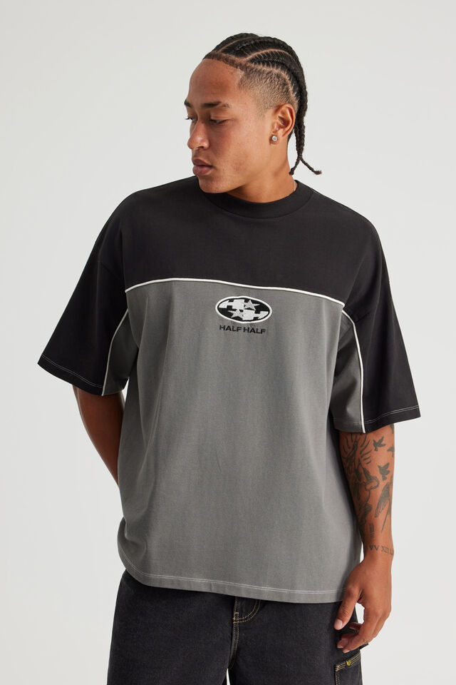 Half Half Box Fit Panelled Graphic Tshirt, HH GREY/BLACK ESCALADE