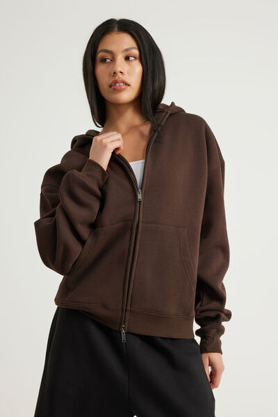Authentics Boxy Zip Thru Hoodie, WALNUT