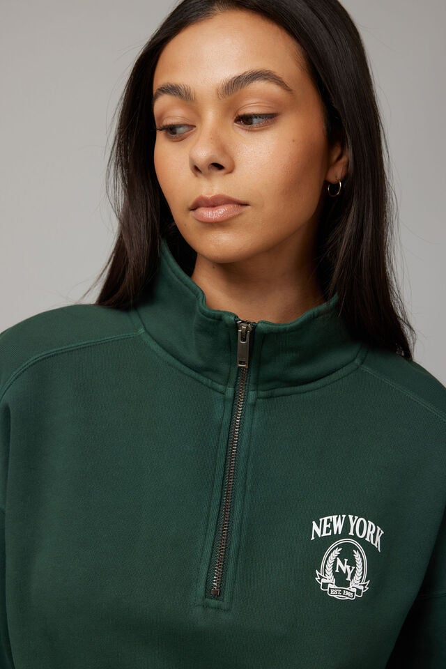 Slouchy Graphic Qtr Zip, PINE GREEN/NYC