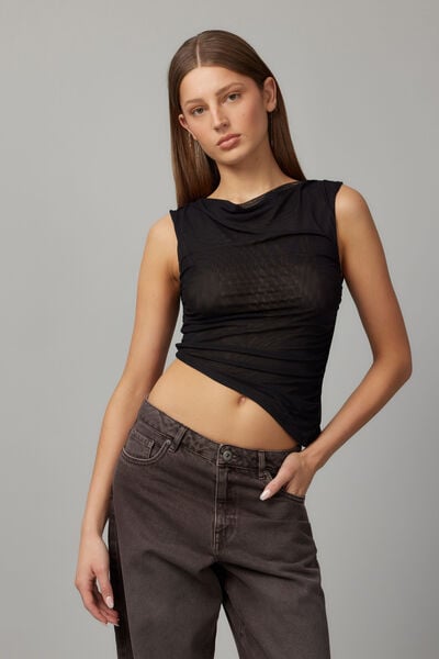 Olivia Mesh Asymmetric Hem Top, BLACK