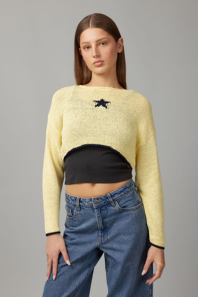 Open Knit Crop Jacquard Jumper, YELLOW/STAR