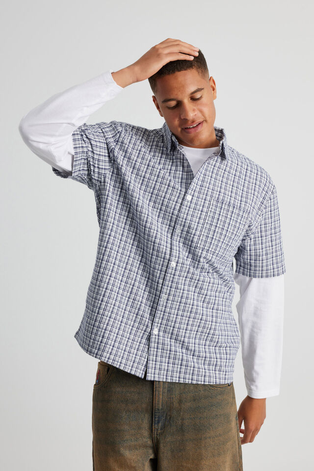 Short Sleeve Shirt, WHITE/NAVY CHECK