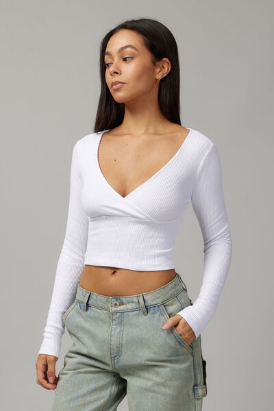 Anna Wrap Front Long Sleeve, WHITE