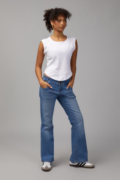 Low Rise Kick Flare Jean, MID BLUE/HEAVY WHISKERS
