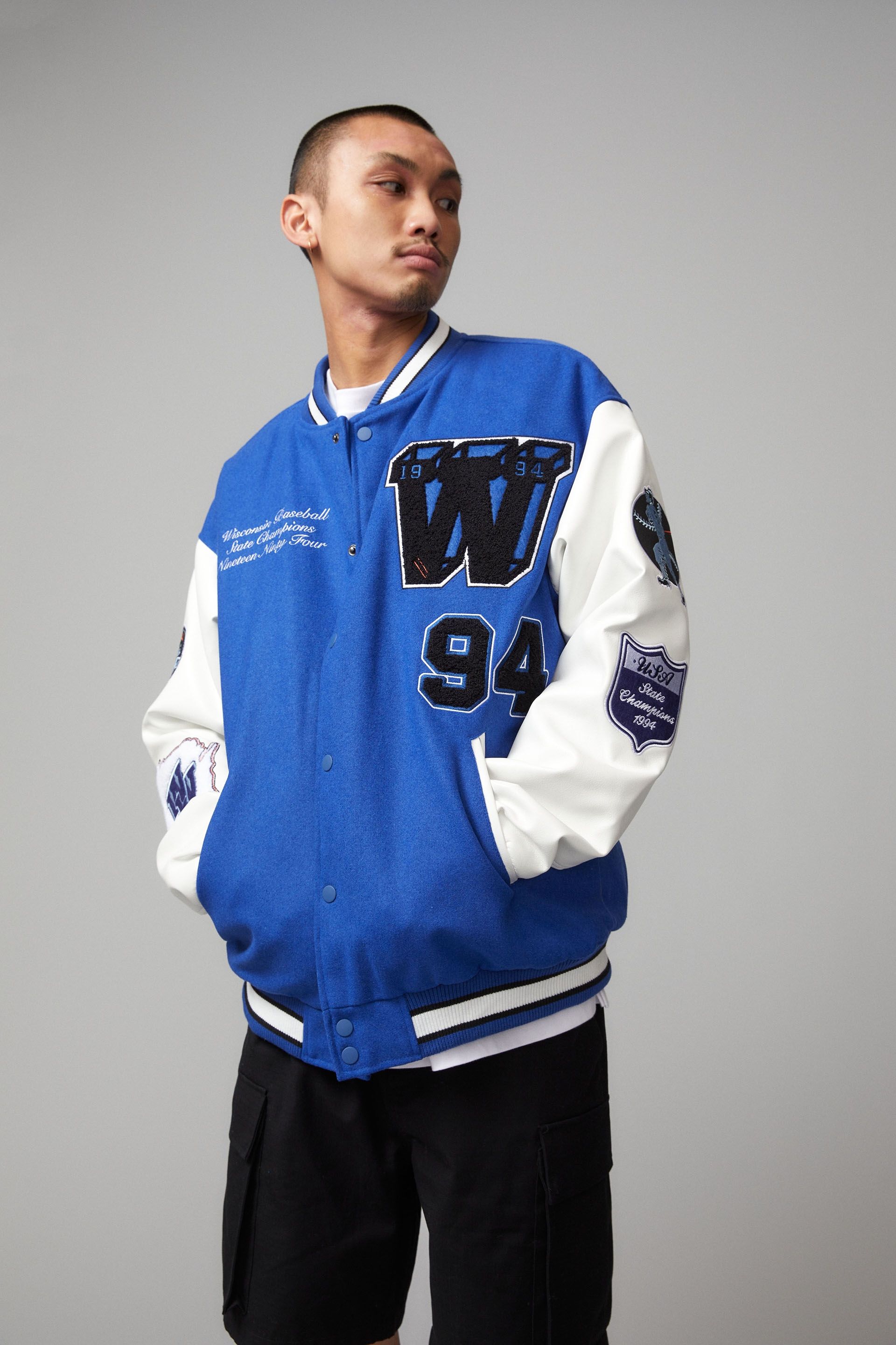 blue varsity jacket with hood