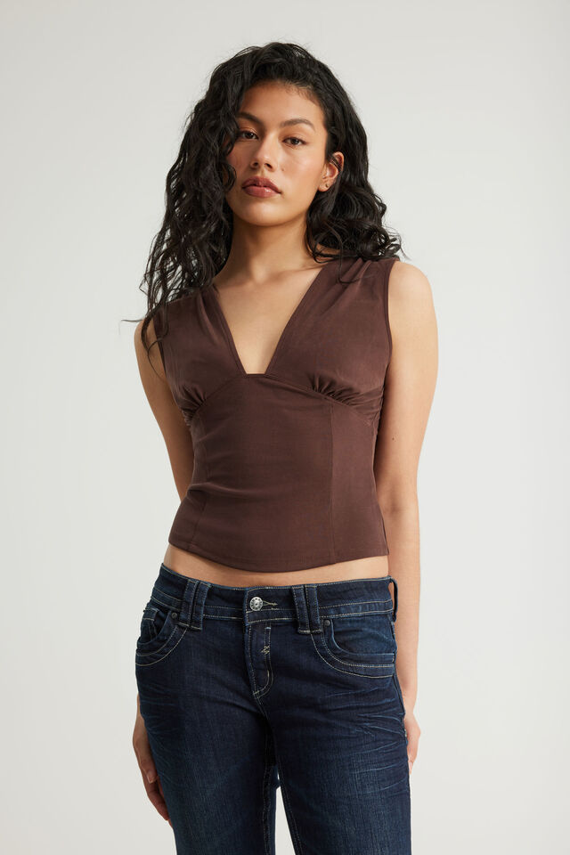 Soft Washed V Neck Top, BROWN SUGAR