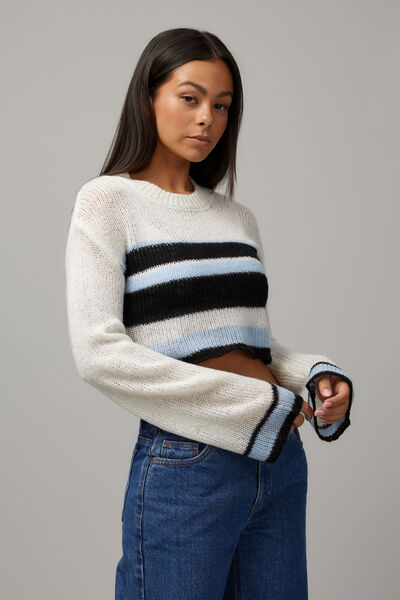 Kelsey Knitted Crop Stripe Jumper, BLUE STRIPE MULTI