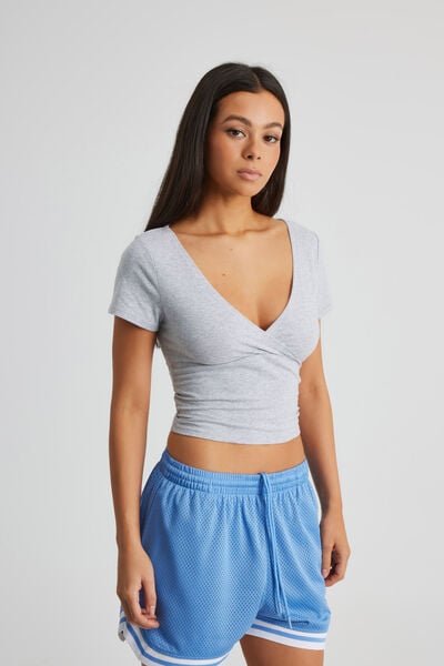 Estelle Short Sleeve Wrap Top, GREY MARLE