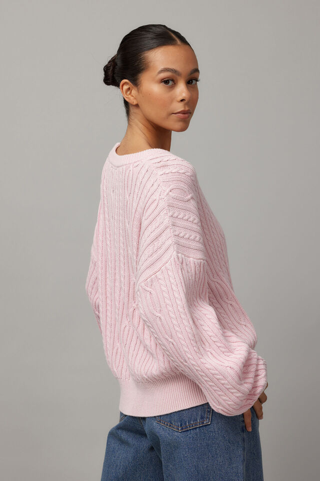Lola Oversized Cable Knit Crew, ICY PINK