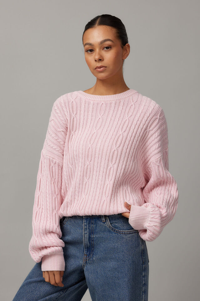 Lola Oversized Cable Knit Crew, ICY PINK