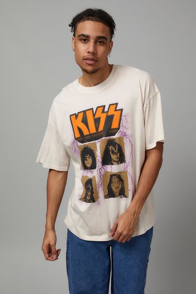 Oversized Music Merch T Shirt, LCN BRA WASHED IVORY/KISS