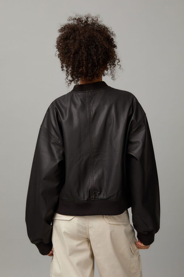 Cropped Pu Bomber Jacket, WASHED BROWN