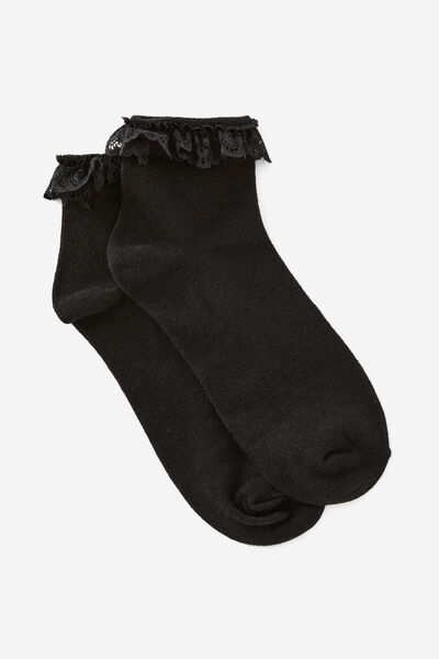 Girls Everyday Quarter Sock, BLACK WITH LACE