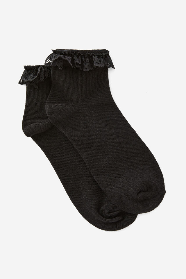 Girls Everyday Quarter Sock, BLACK WITH LACE