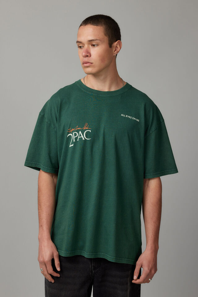 Oversized Music Merch T Shirt, LCN BRA WASHED CLUB GREEN/TUPAC LOFI