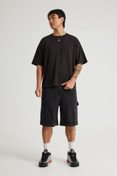 Half Half Painter Baggy Denim Short, BLACK STONE